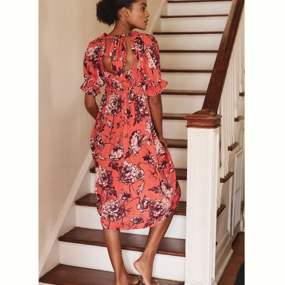 NWT by Anthropologie Puff Sleeve Smocked Midi Long Dress Coral Floral - Picture 2 of 10